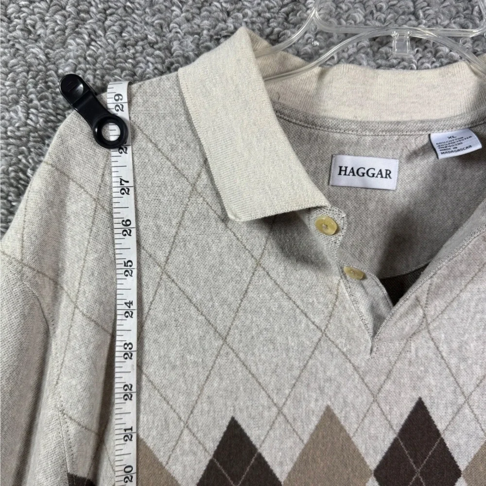 Haggar Argyle Polo Sweater Long Sleeve Beige Brown Golf Pullover - Mens‎ XL